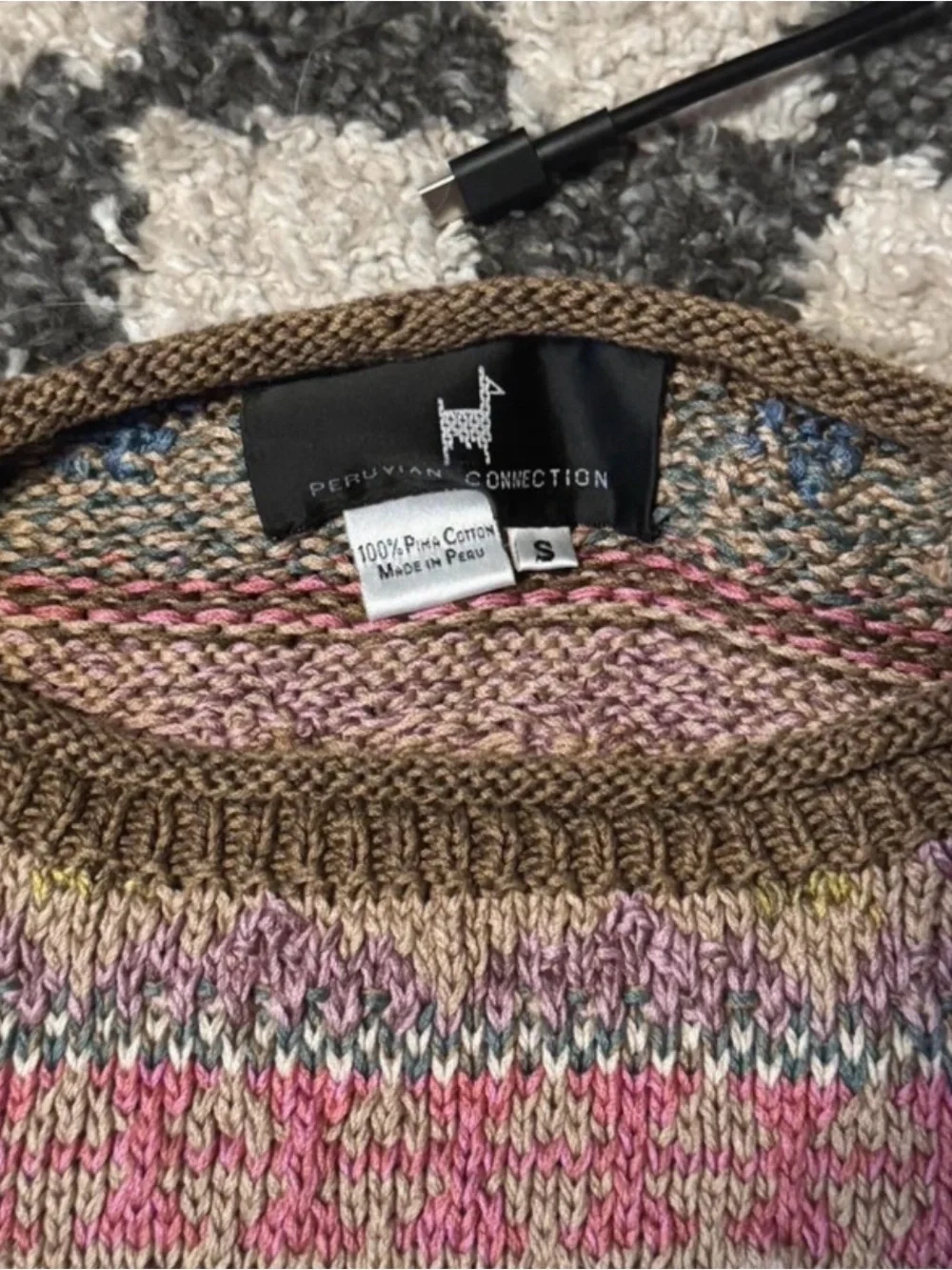 VintagePeruvian Connection Multicolor Fair Isle Crew Sweater - Brown, Pink, Blue